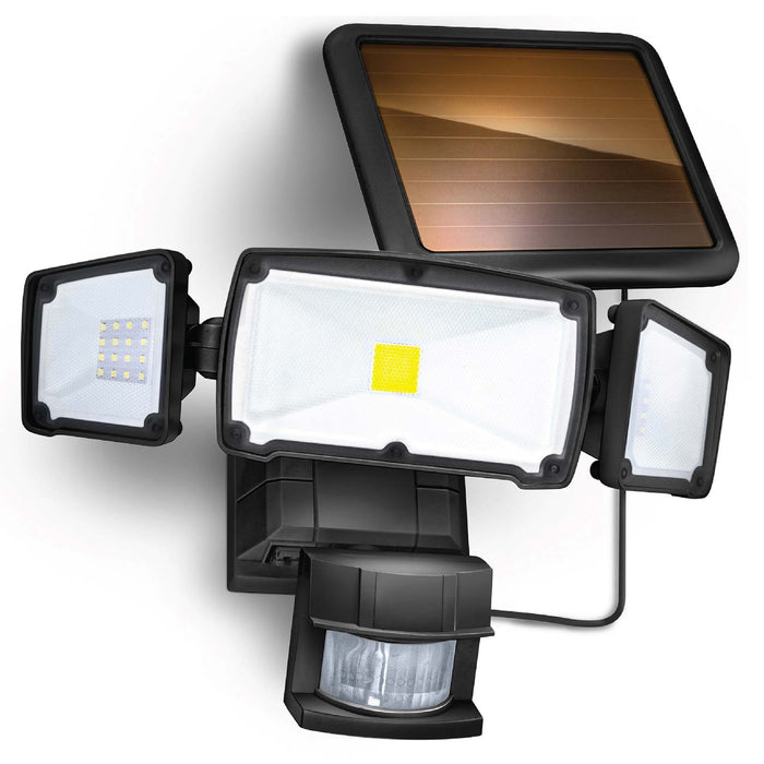 Solar Motion Sensor Light: Triple Head 6000K Light - Black