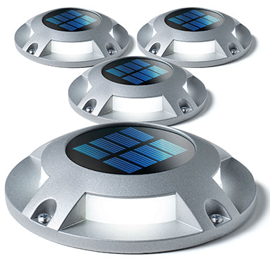 Solar Deck Lights: White LED 4-Pack, Silver